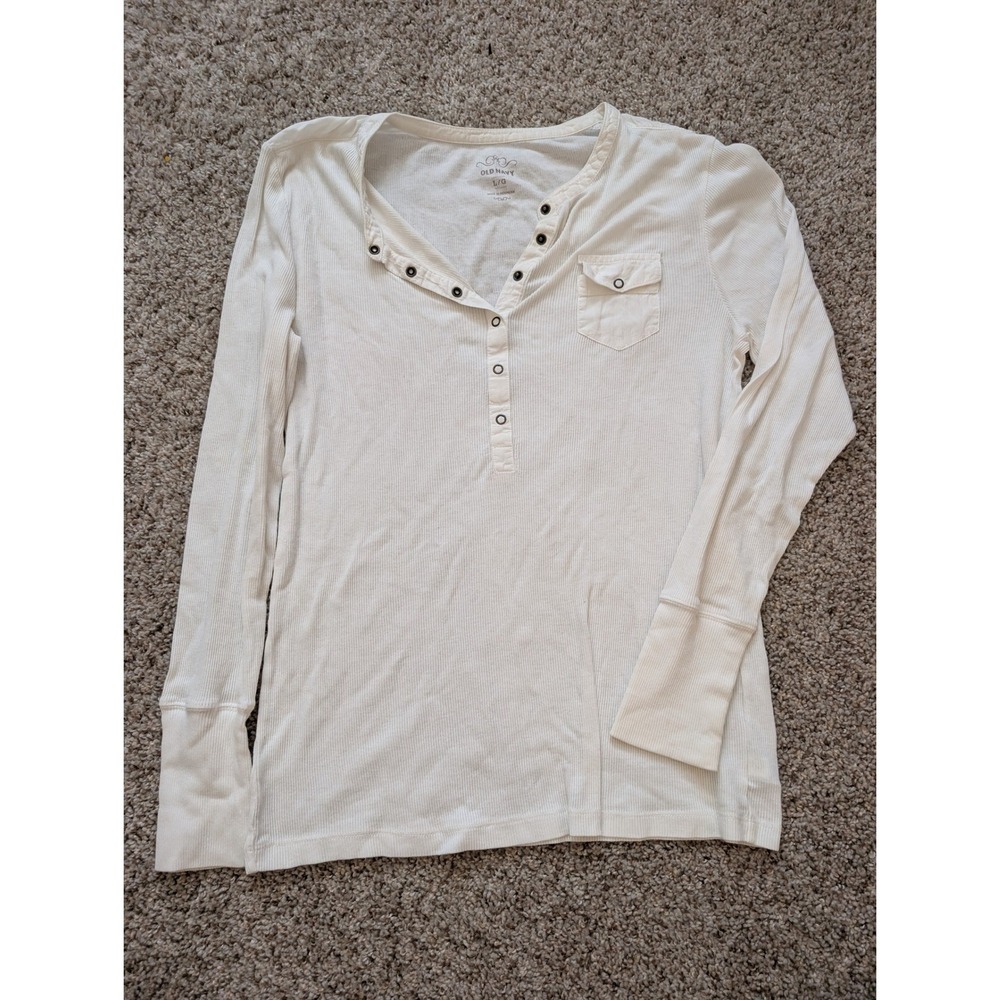 Old Navy Womens Cream Ribbed Long Sleeve Henley Snap Button Top Large